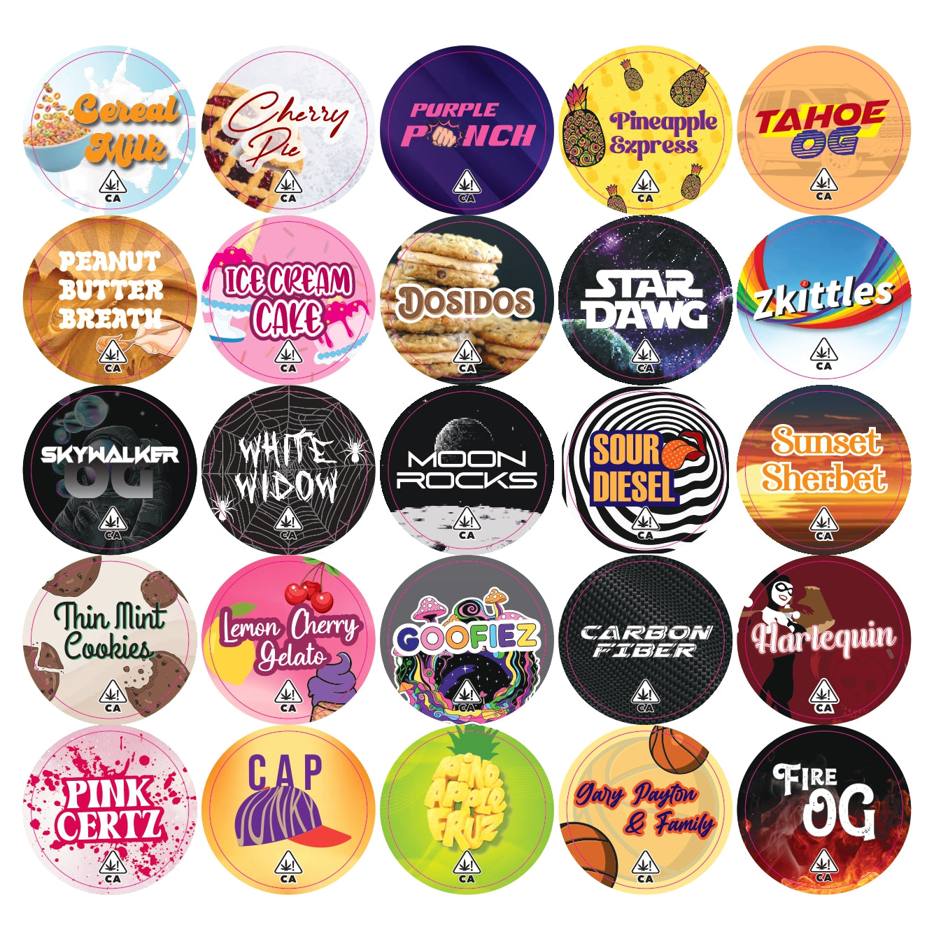 250 pcs Cannabis Strain Stickers for 9ml jar caps | 38mm diameter (GJS1)