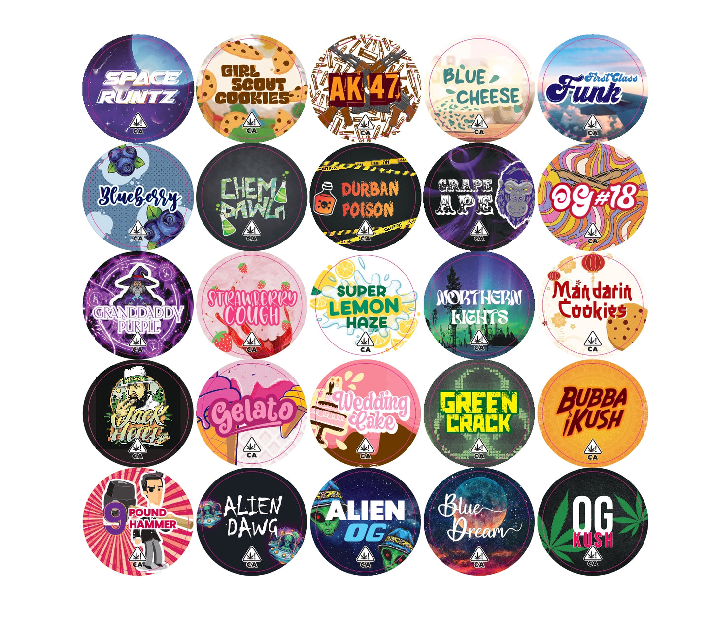 250 pcs Cannabis Strain Stickers for 9ml jar caps | 38mm diameter (GJS2)