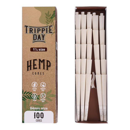 100 Pack 1 1/4 Size Hemp Cones - Pre rolled Cones with Filter Tips and Packing Tubes Included